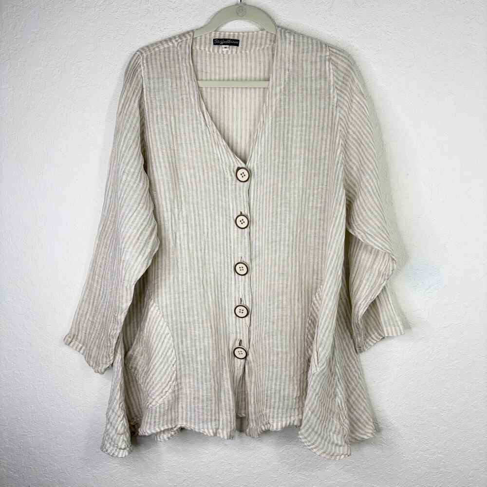 Stijfselkissie Marijke Benedict 100% linene striped tunic top size M, lagenlook